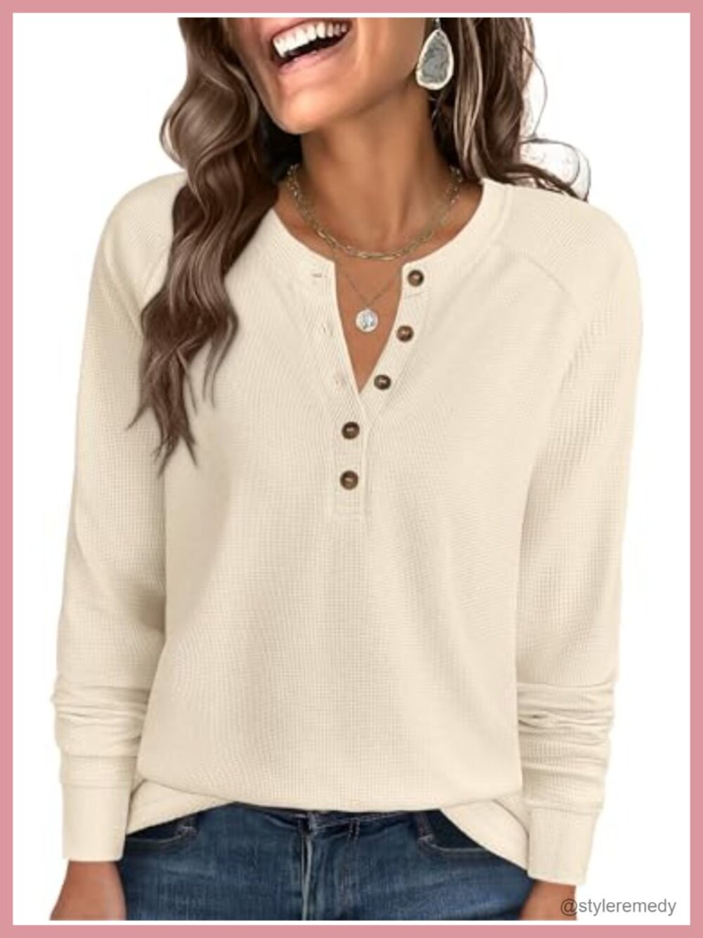 Waffle Knit Henley Top Long Sleeve V Neck Button Up Loose Fit Casual Shirt